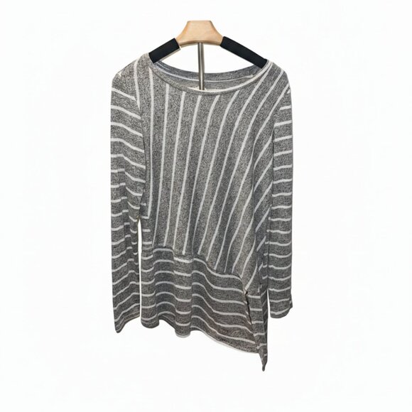Maurices Grey and White Stripe Asymmetrical Hem V Neck Top - Picture 1 of 4